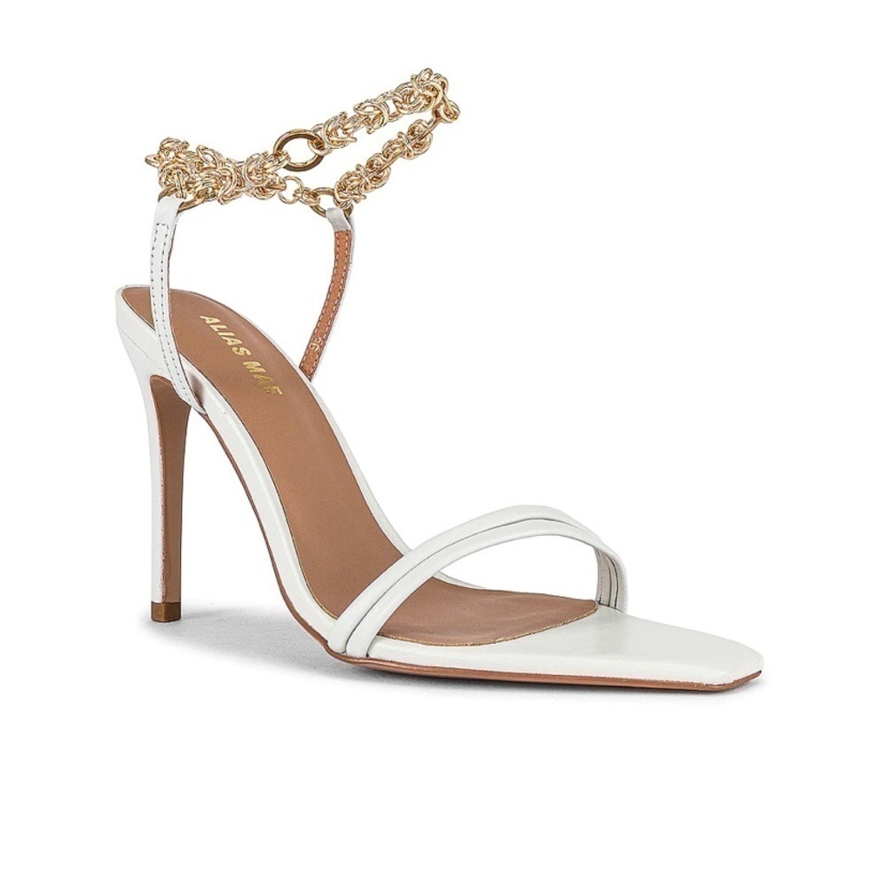 NEW Alias Mae Isha Ivory Stiletto Heel Sandal Gold Chain Ankle Strap Leather 10